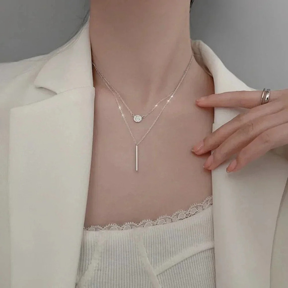 Jewelry - 925 Sterling Silver Coin & Bar Layered Dainty Minimalist Chain Necklace